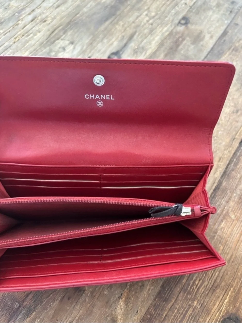 CHANEL Quilted Red Leather Wallet with Silver CC Emblem